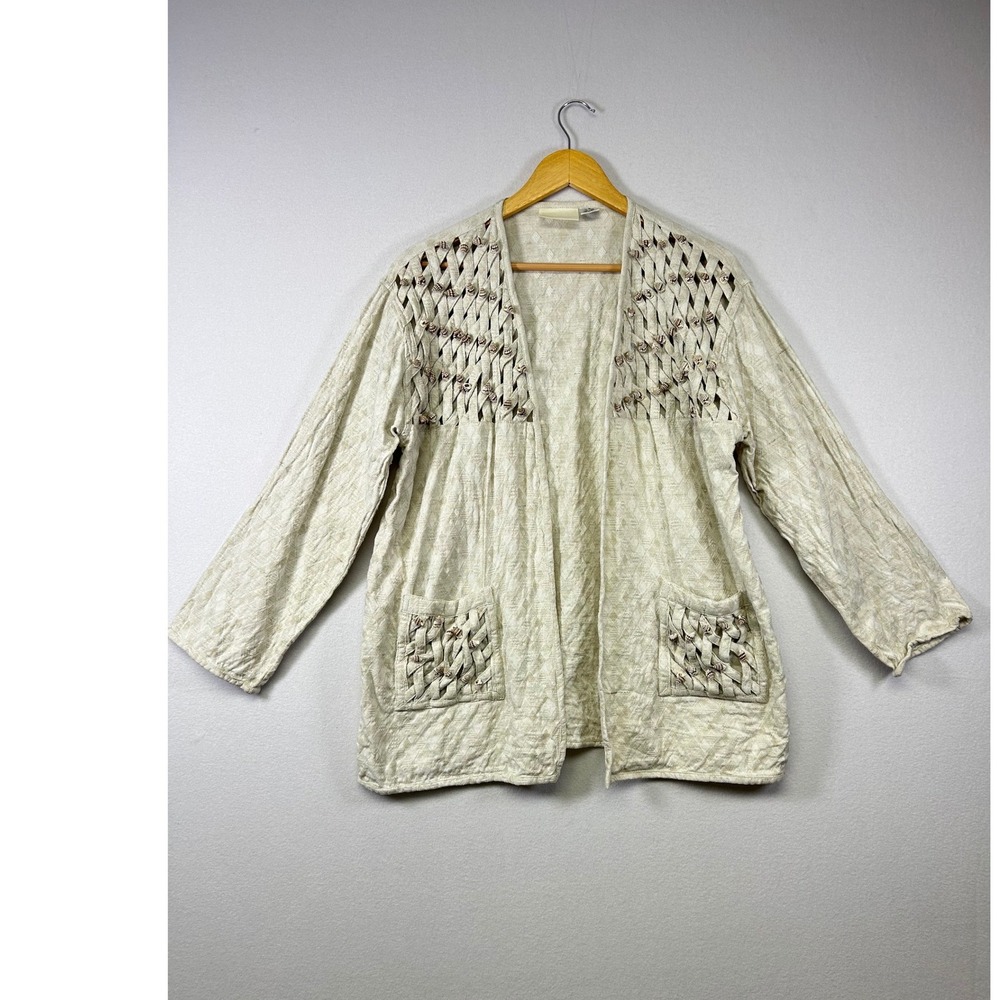 Coastal Boho Yak & Yeti Women M Cream Linen Blend Shell Embellished Cardigan